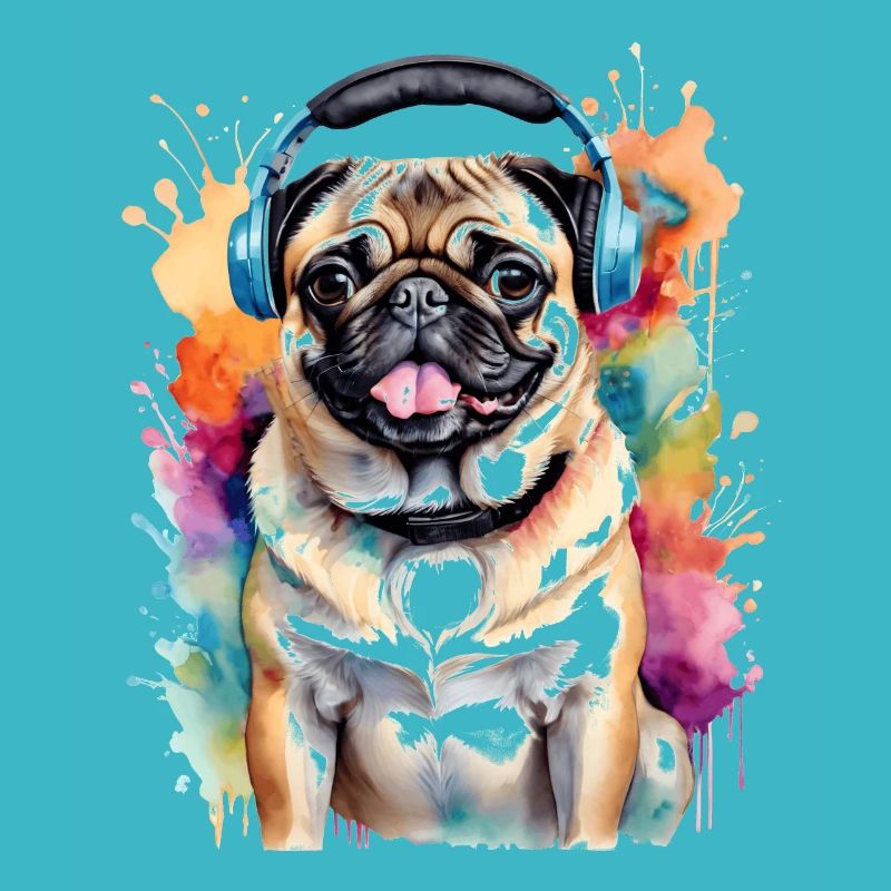 Mops Kopfhörer Hund Bunt Lustig Tier Design Print