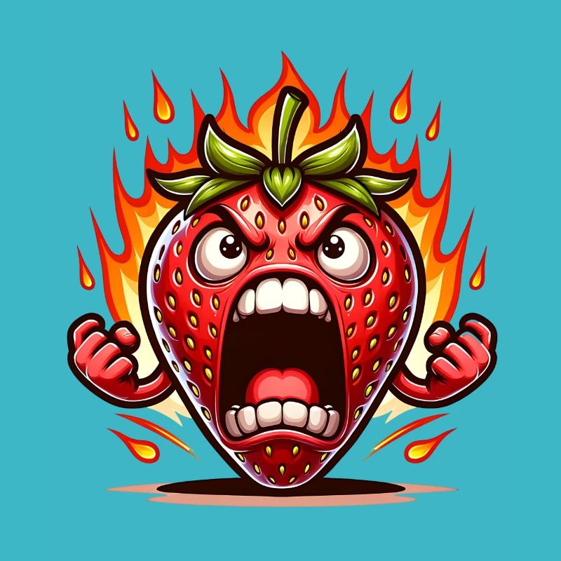 Angry strawberry with flames background