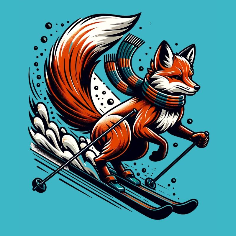 Fox on skis with scarf in winter