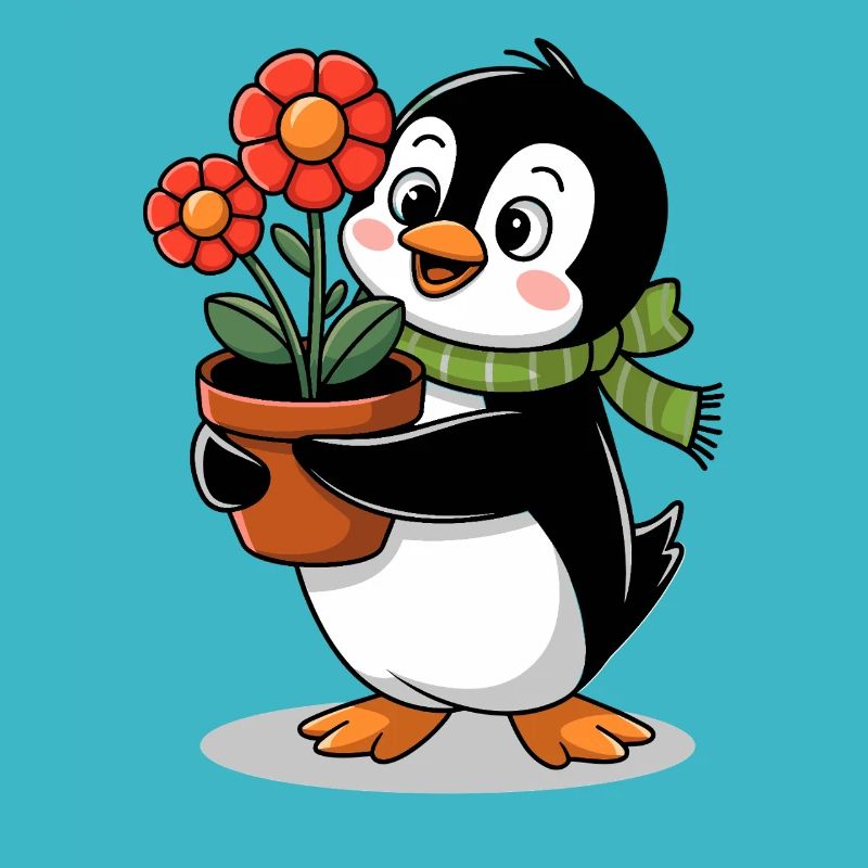 Pingouin avec pot de fleurs dans le jardin pour jardinier