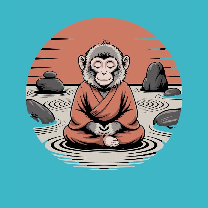 Meditating monkey zen monk in rock garden