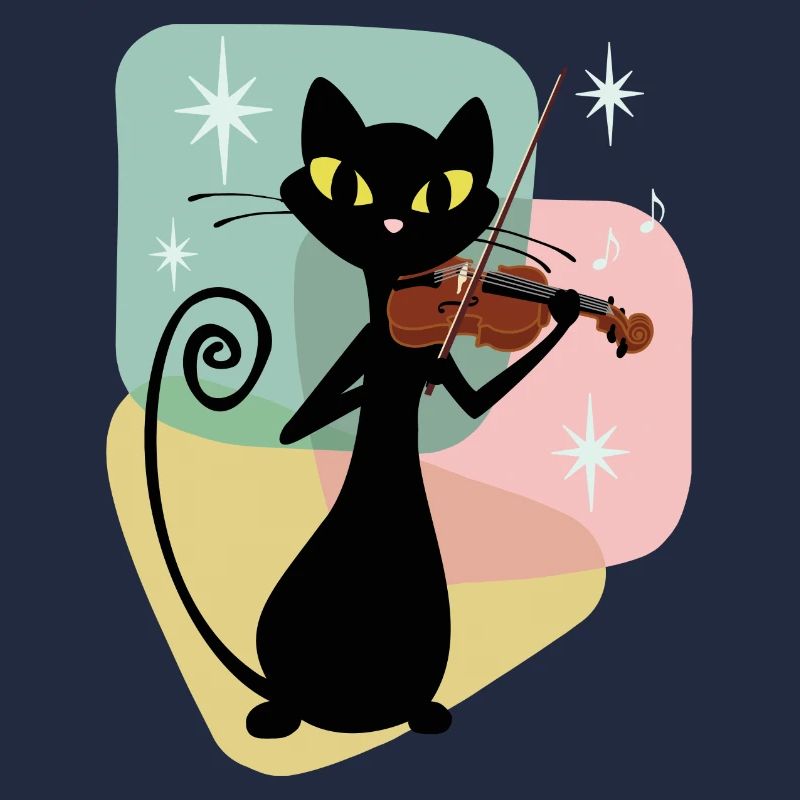 Retro Violin Player Black Mid Century Cat