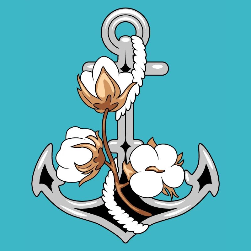 Ancre stylisée avec fleurs de coton épanouies