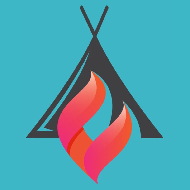 Flame in front of a camping tent red orange stylized