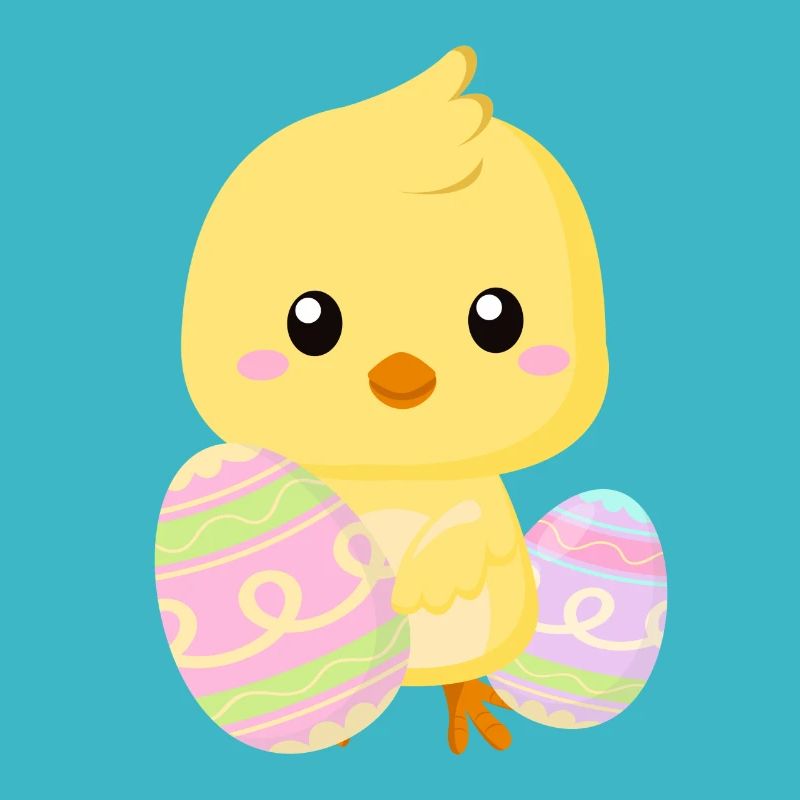 Cute little Easter chick with Easter eggs