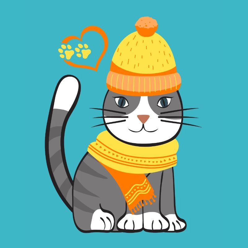 Chat avec écharpe et casquette - jaune orange