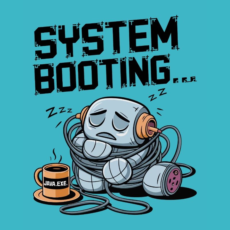 Sleepy Robot Booting with Java.exe Coffee – Funny