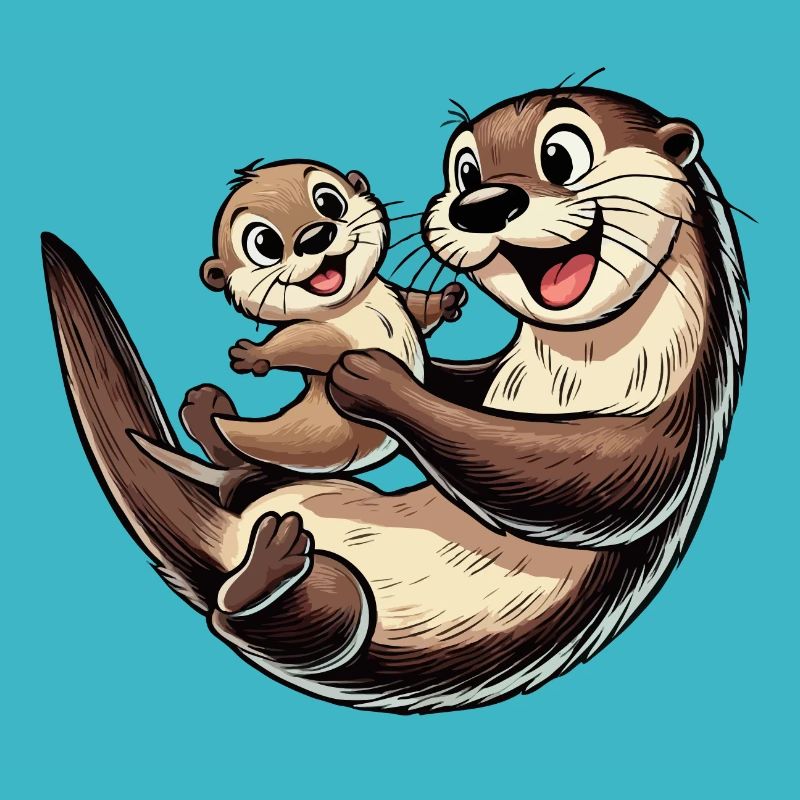 Fischotter-Mutter mit herumtollendem Kind