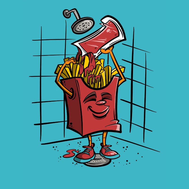 Frites avec du ketchup sous la douche