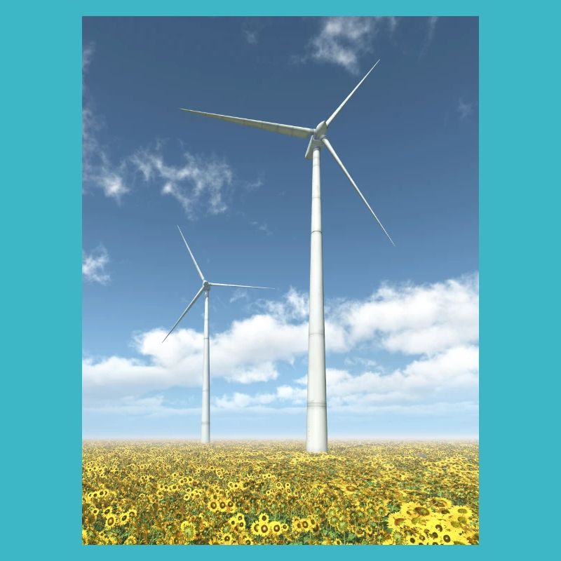 Windkraftanlagen mit Sonnenblumen