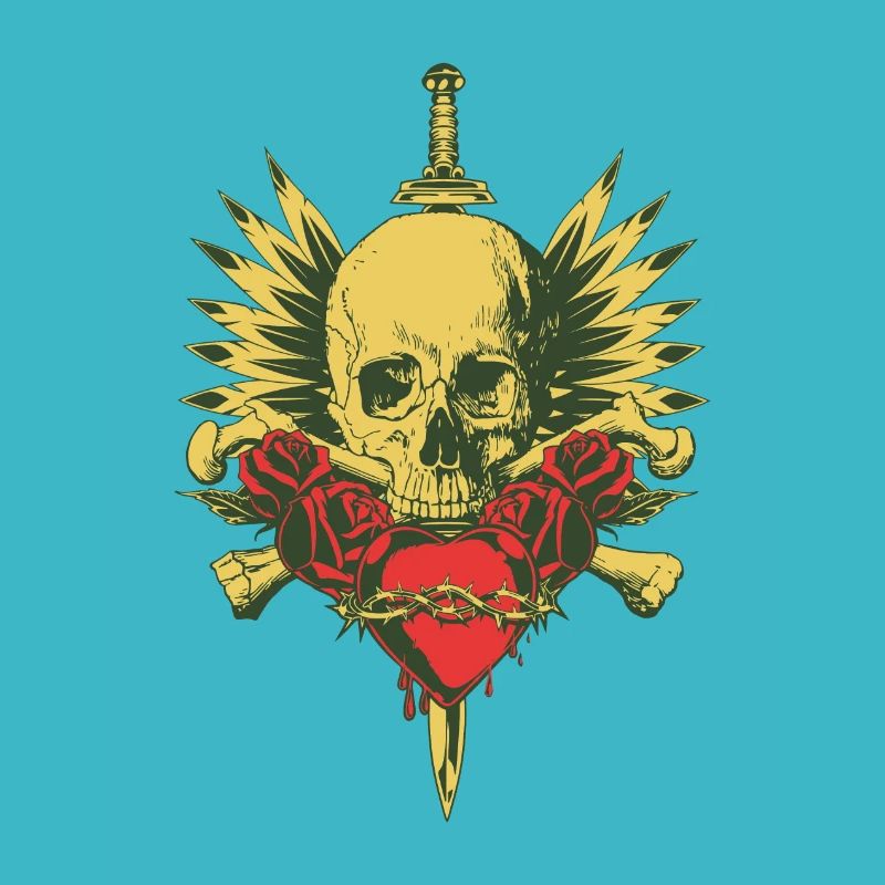 SKULL, WINGS, SWORD AND ROSES