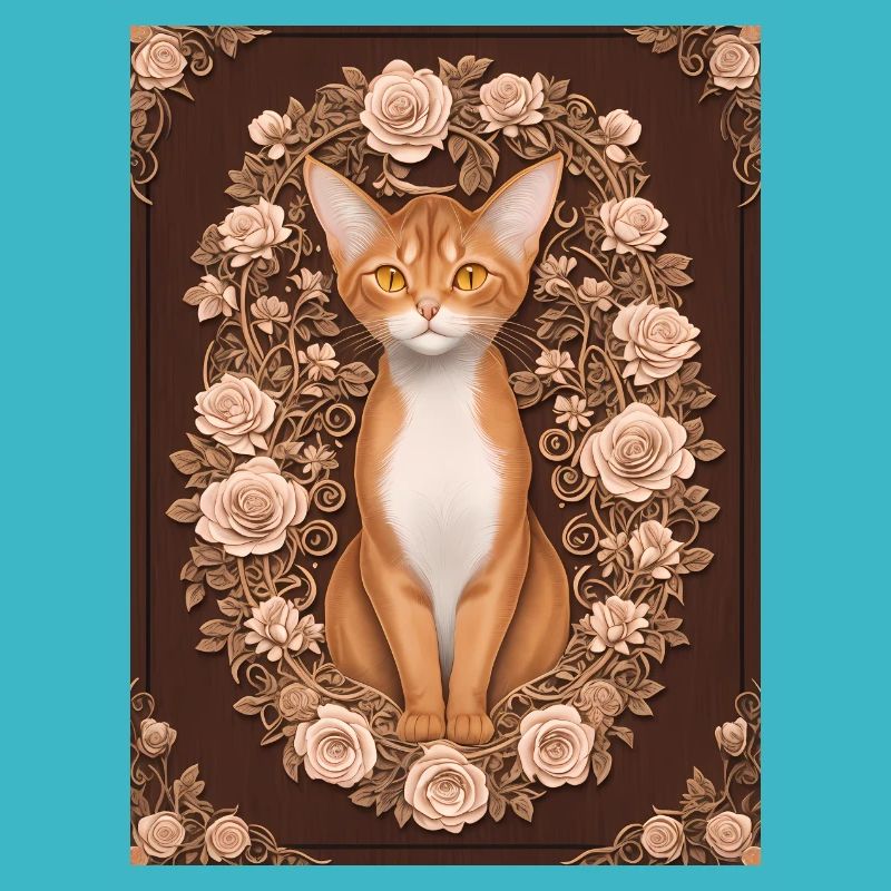 Holzschnitt einer Katze mit Rosenkranz