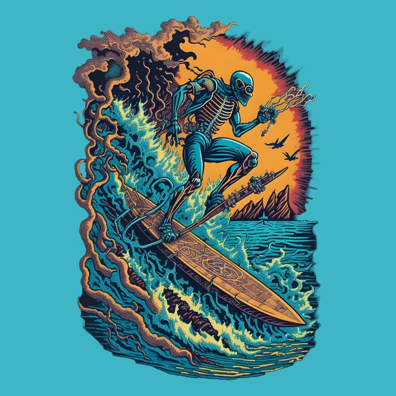 Skeleton Surfer Skull Surfing Comic Style Drôle