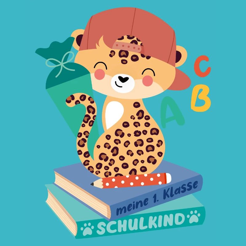 Leopard with school cone stack of books school child