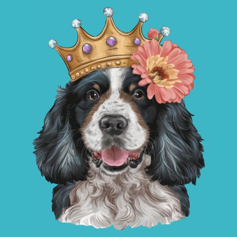 Cocker Spaniel mit Blumen und Krone