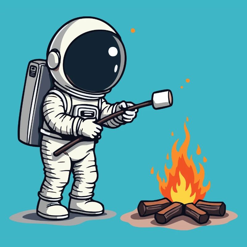 Astronaut roasting marshmallow at campfire