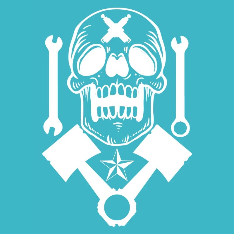 Skull with piston wrench spark plug
