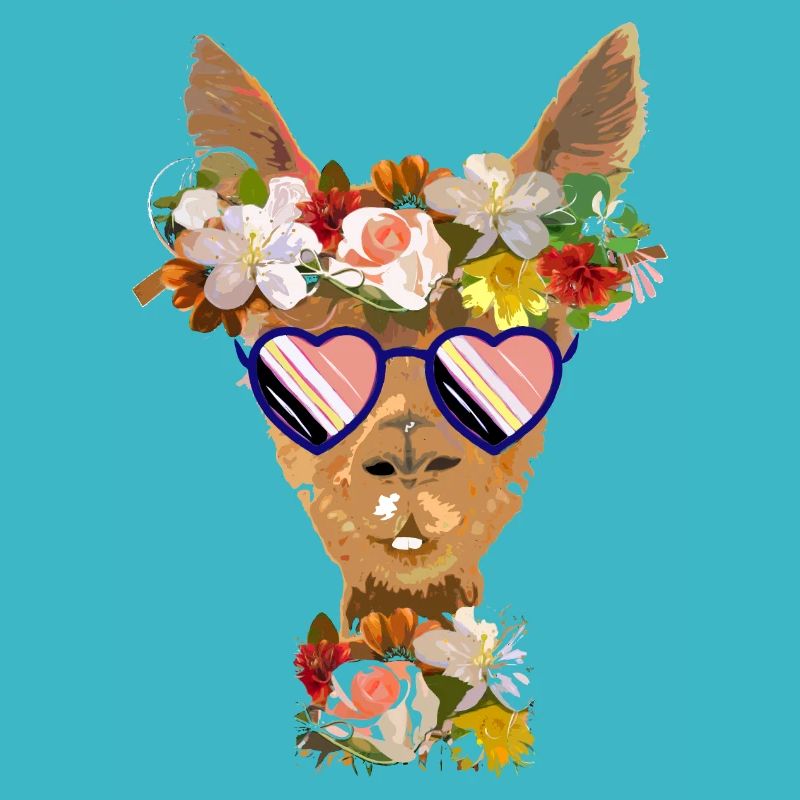 Llama with flowers and sunglasses