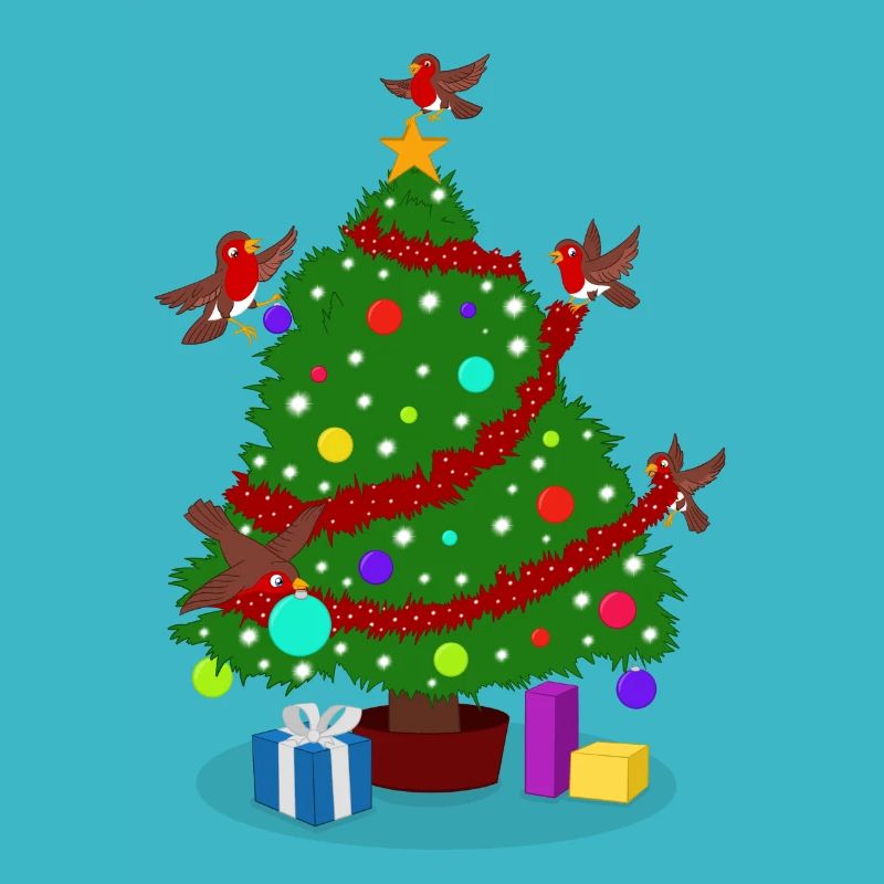 Robin autour du sapin de Noël