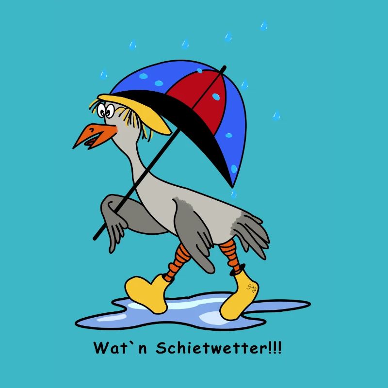 Möwe mit Schirm geht im Regen zum Strand?