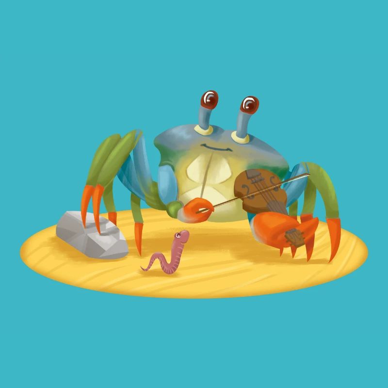 Crab musician with violin on the beach
