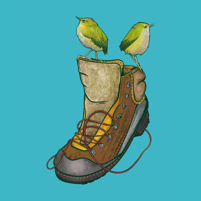 Rock wrens on a hiking boot