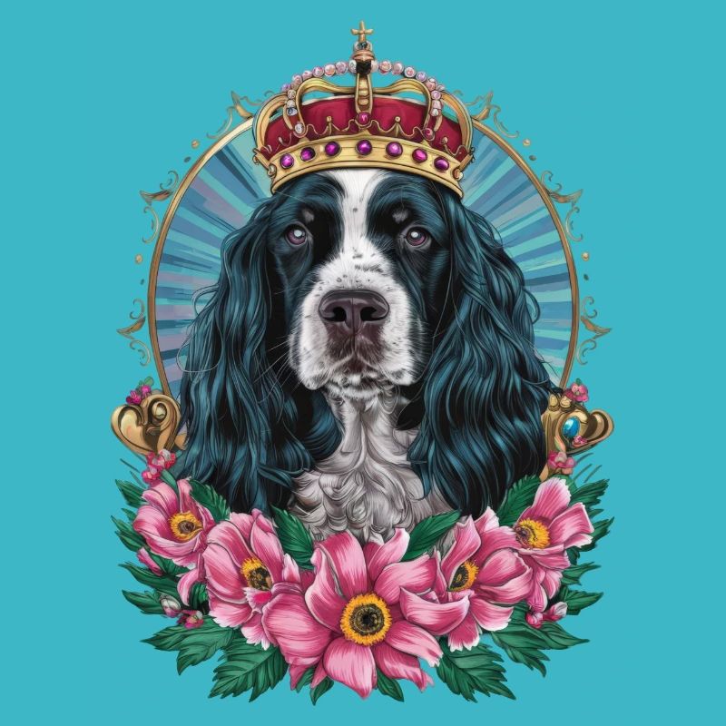 Cocker Spaniel mit Blumen und Krone