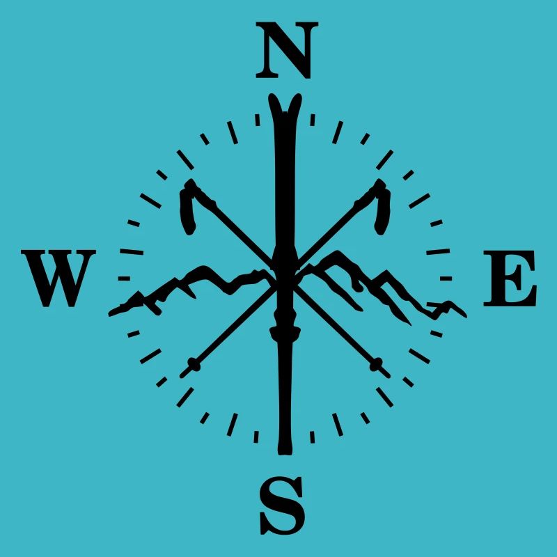 Skiing, skis, mountains and compass with degrees
