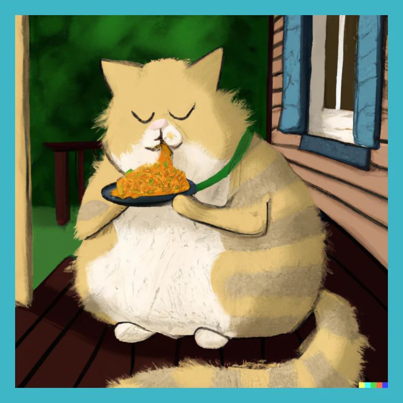 fette Katze isst Lasagna uf der Veranda