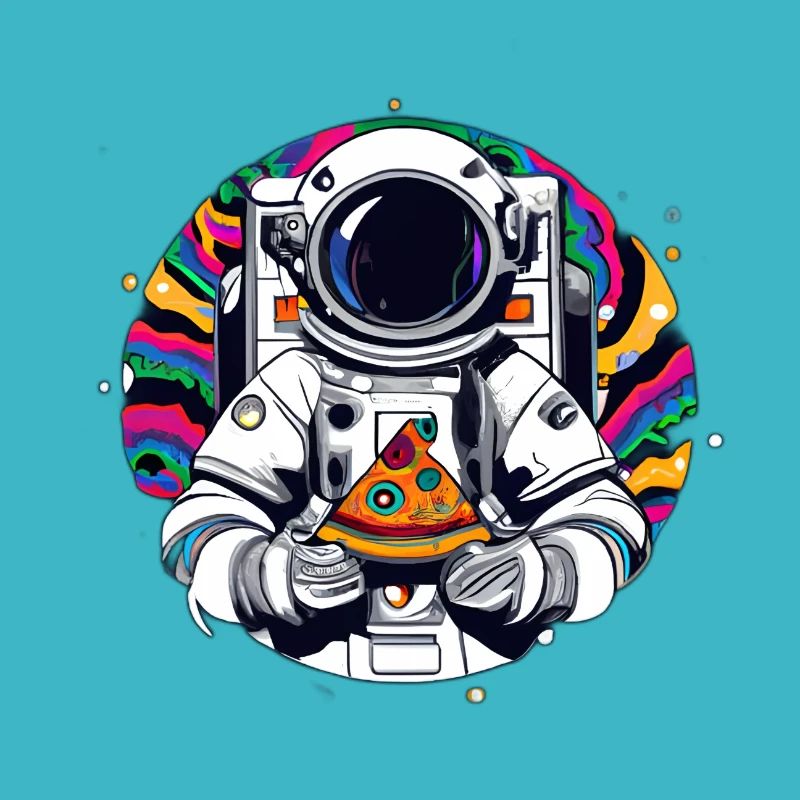 Funky astronaut in space with pizza