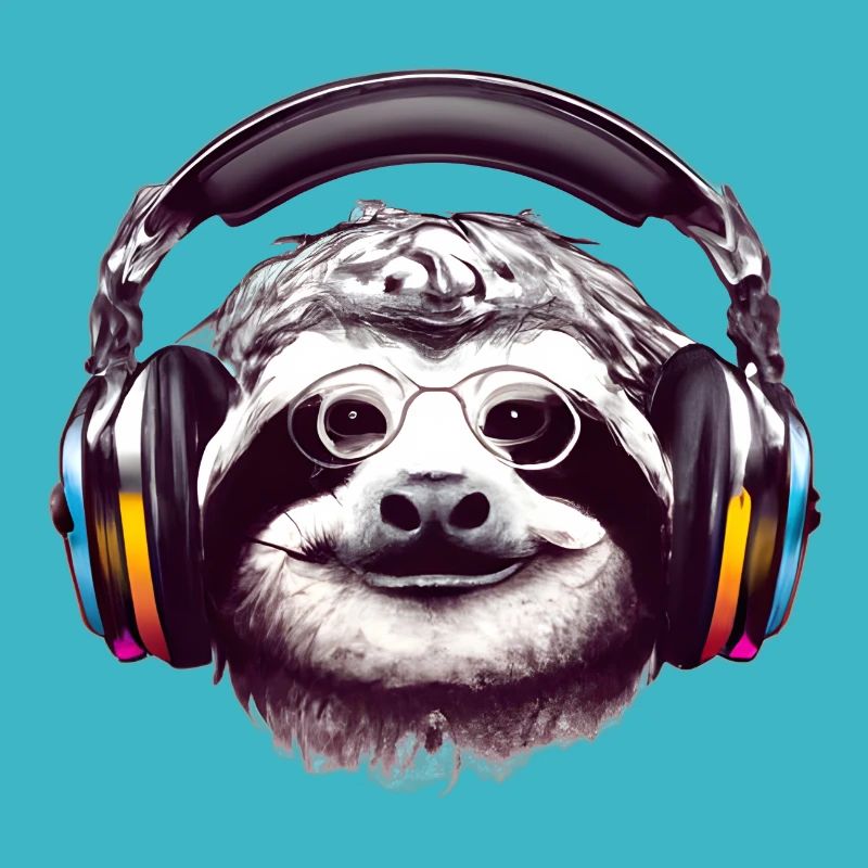 Faultier mit Brille und Kopfhörern hört Musik