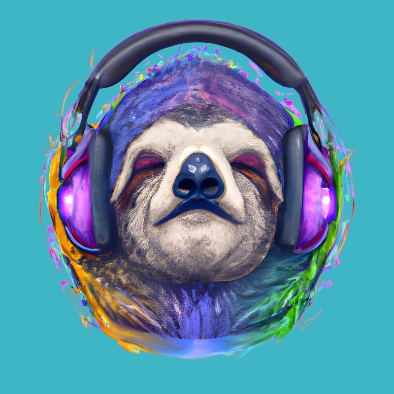 Cool sloth with headphones listens to music