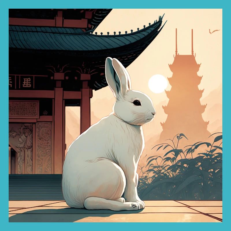 lapin devant un temple asiatique