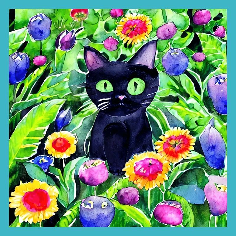 Chat noir assis dans un jardin de fleurs