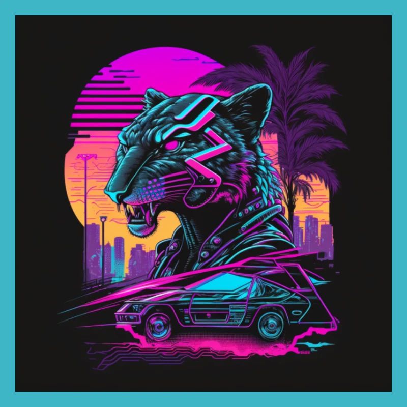 Tiger with neon colors, synthwave / 80s