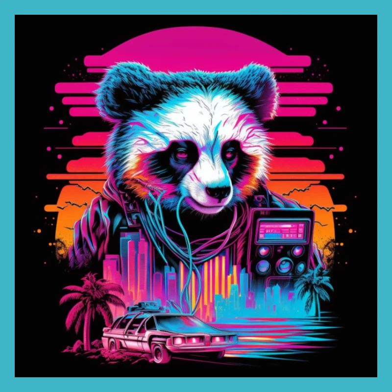 Panda with neon colors, synthwave / 80s