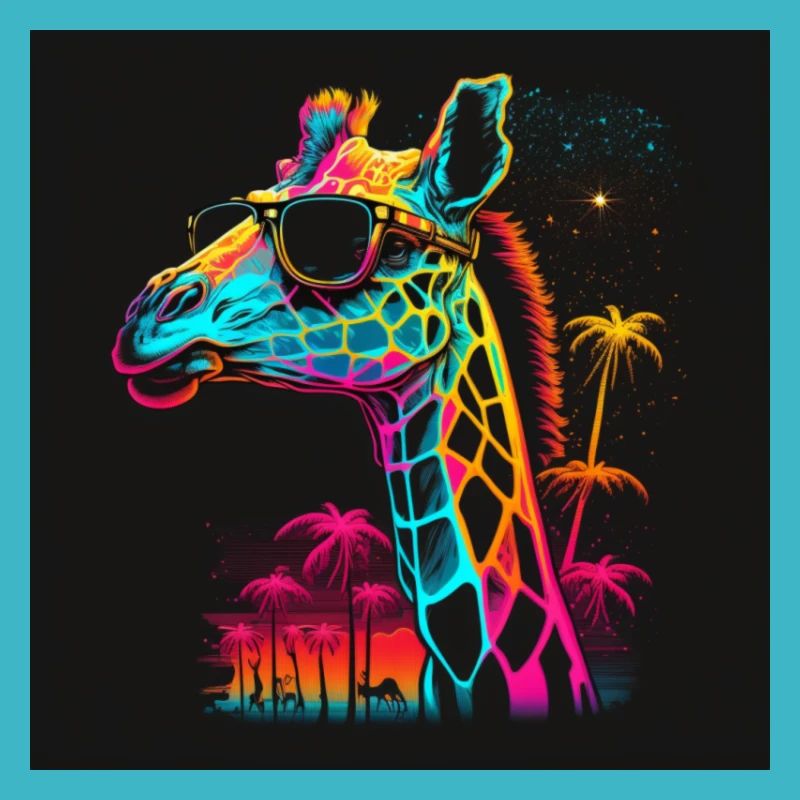 Giraffe with neon colors, synthwave / 80s