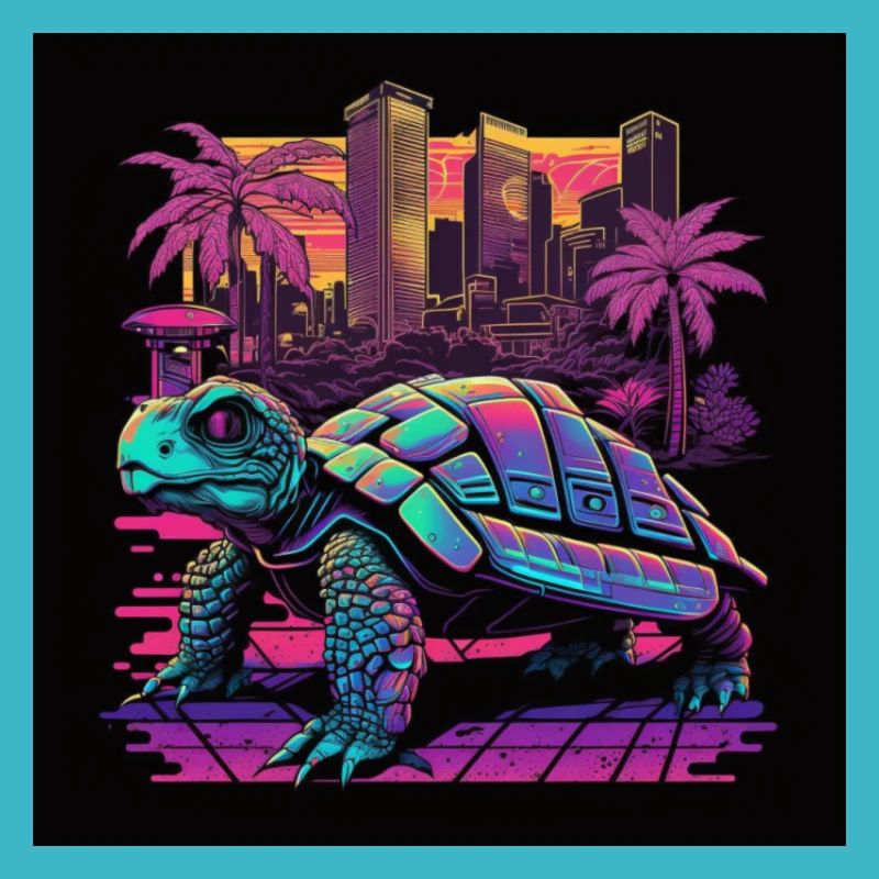 Turtle with neon colors, synthwave / 80s