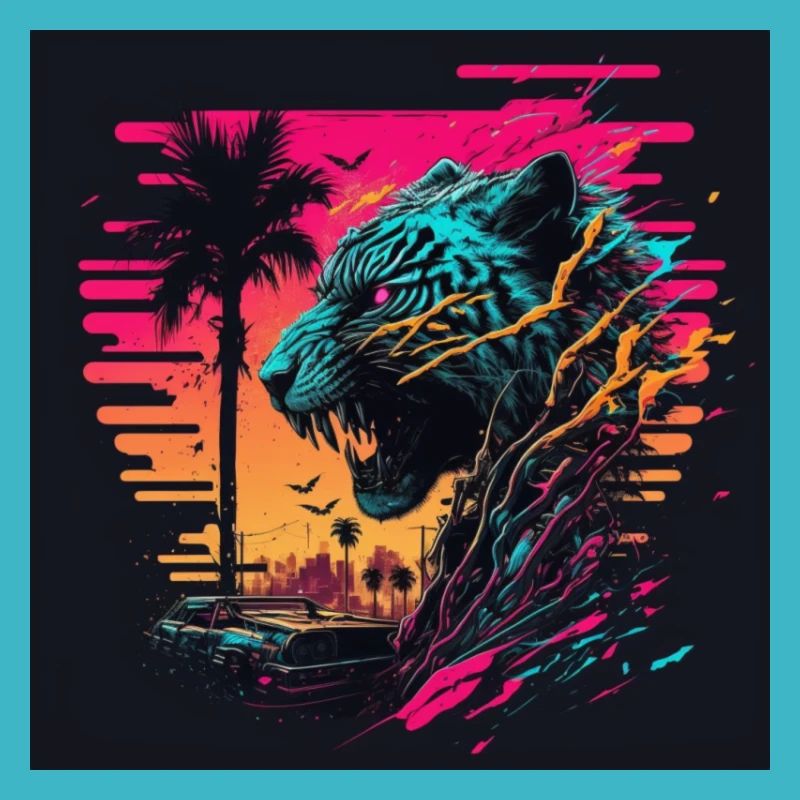 Tiger with neon colors, synthwave / 80s