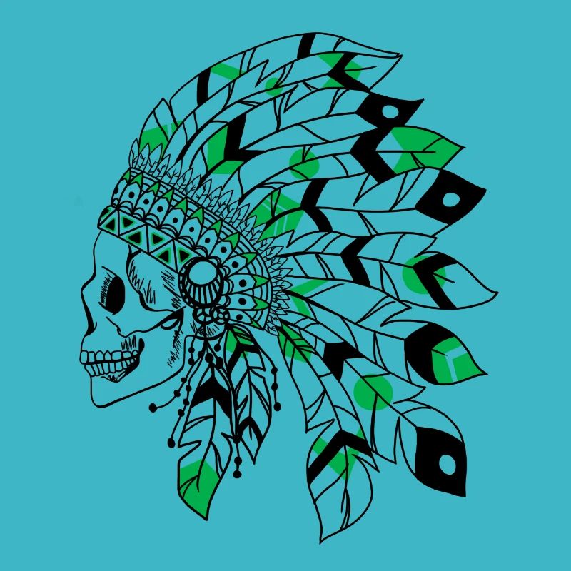 crâne avec coiffe indienne noir et vert