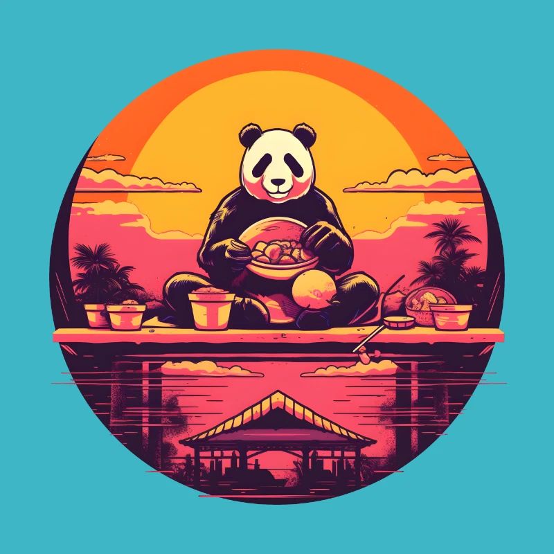 Synthwave eating Panda Japan Sunset