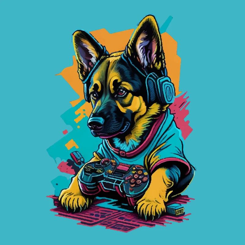 Deutscher Schäferhundwelpe spielt mit Gamecontroll