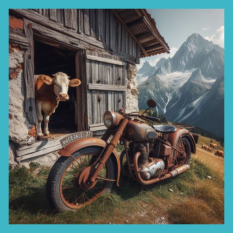 Vache et moto à l’alpage