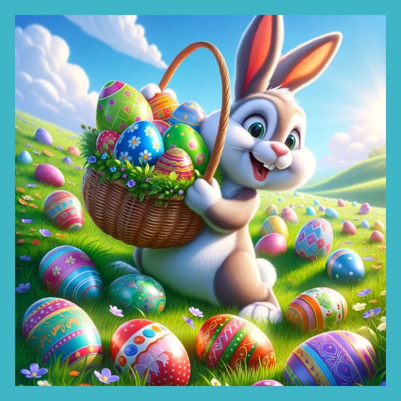 a cheerful easter bunny on a green meadow