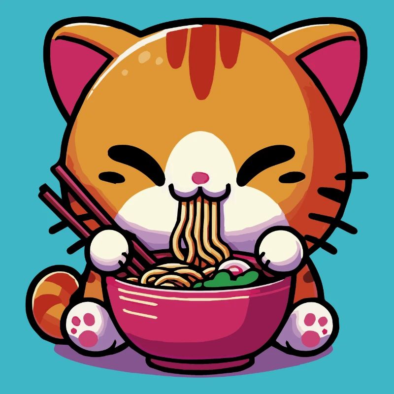 Chat Kawaii Neko mignon mangeant des Ramen 1