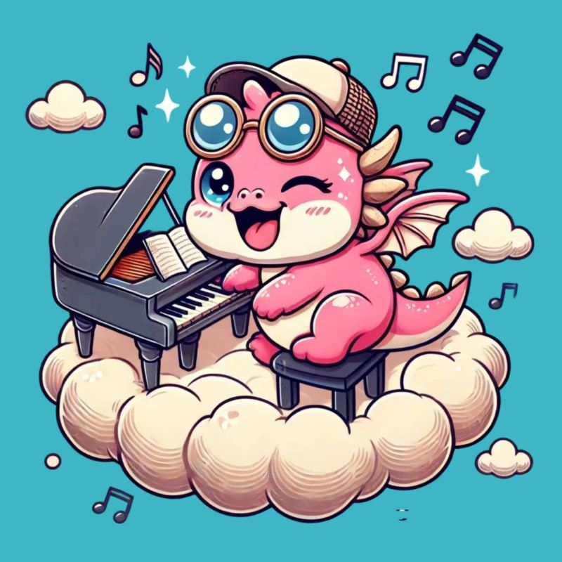 Cute pink dragon playing piano on a cloud