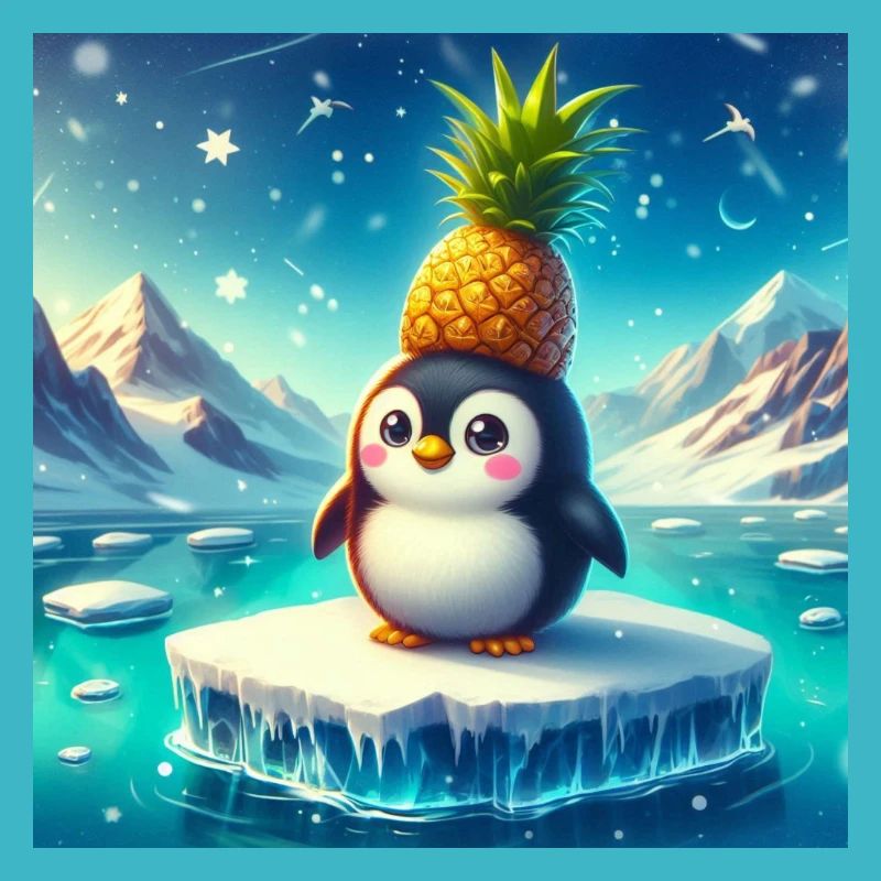 Süßer Pinguin mit Ananas auf Eisscholle