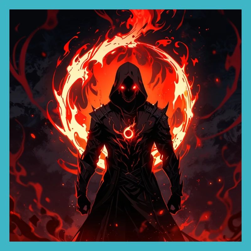 shadowy figure emerges from swirling red flames