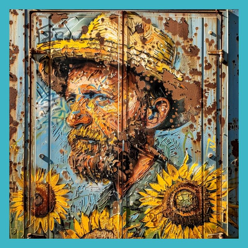 Graffiti Man Portrait Hat Sunflower Rust Metal