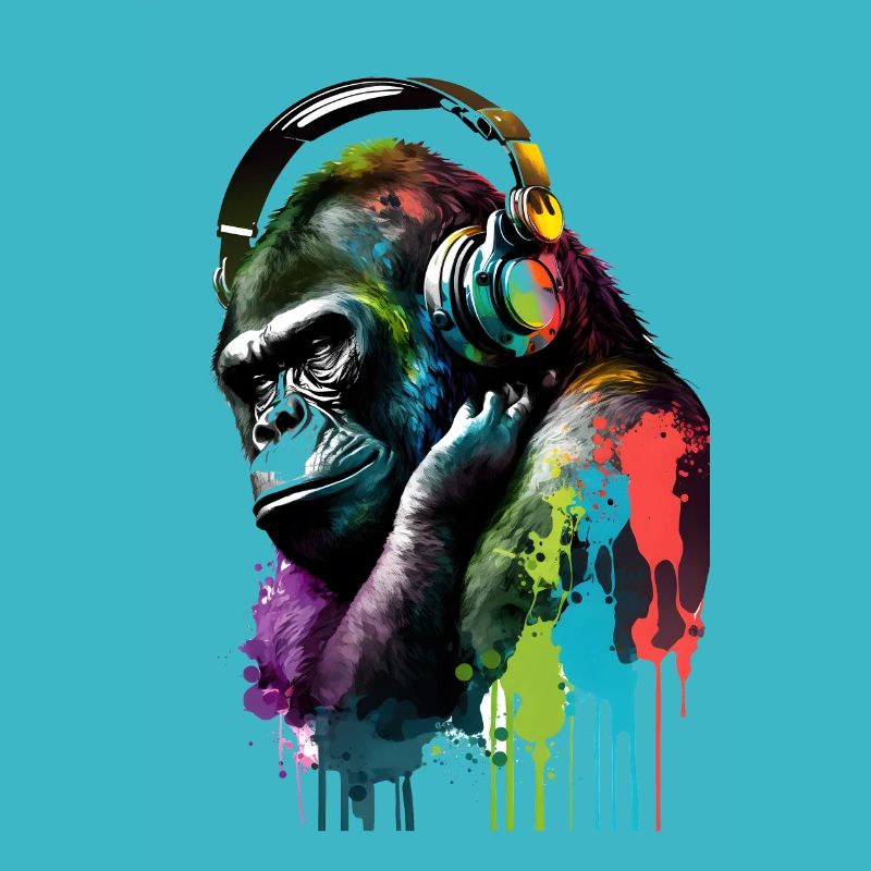 Gorilla mit Kopfhörern